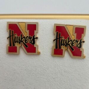 Nebraska Huskers NCAA Earrings Red White Gold Tone Block N Logo Studs
